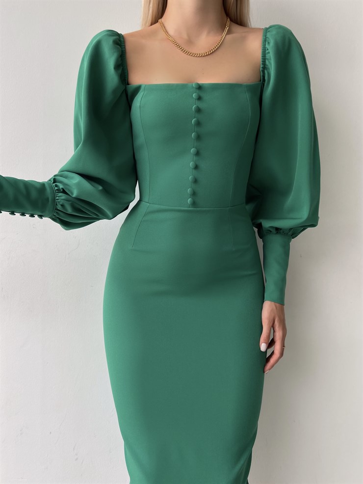 Balon Kol Düğme Detaylı Midi Boy Kadın Yeşil Kalem Elbise 22Y000008