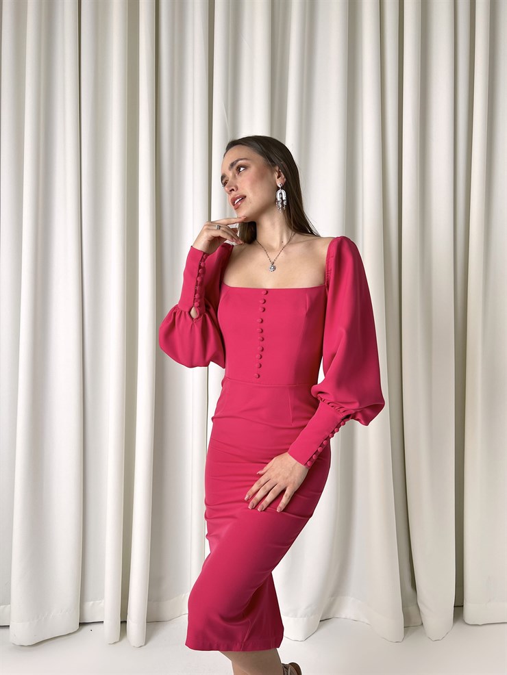 Balon Kol Düğme Detaylı Midi Boy Kadın Fuşya Kalem Elbise 22Y000008