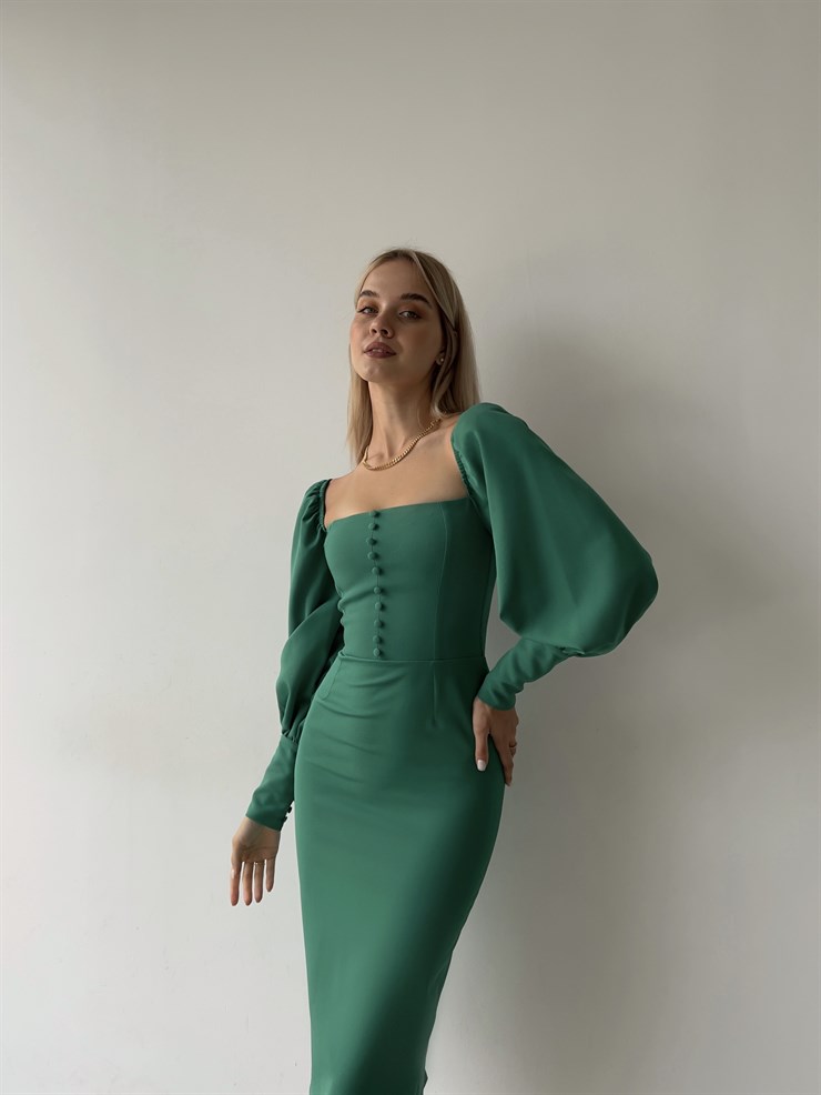 Balon Kol Düğme Detaylı Midi Boy Kadın Yeşil Kalem Elbise 22Y000008