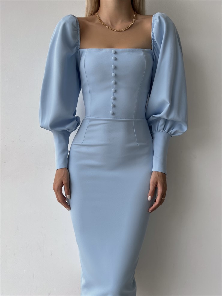 Balon Kol Düğme Detaylı Midi Boy Kadın Mavi Kalem Elbise 22Y000008