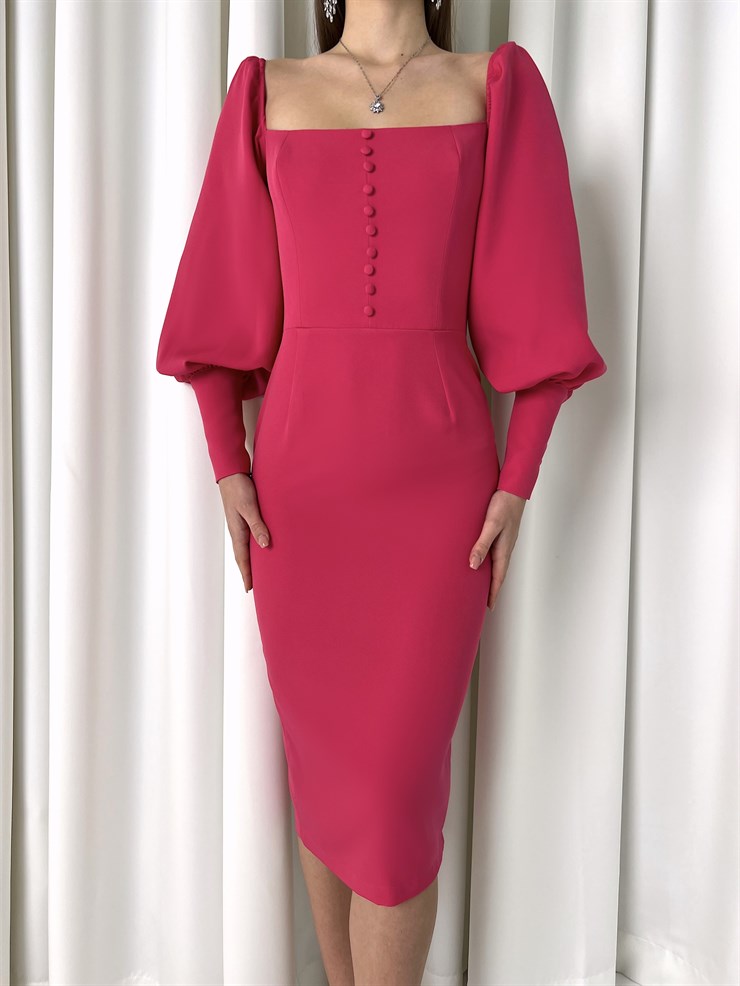 Balon Kol Düğme Detaylı Midi Boy Kadın Fuşya Kalem Elbise 22Y000008