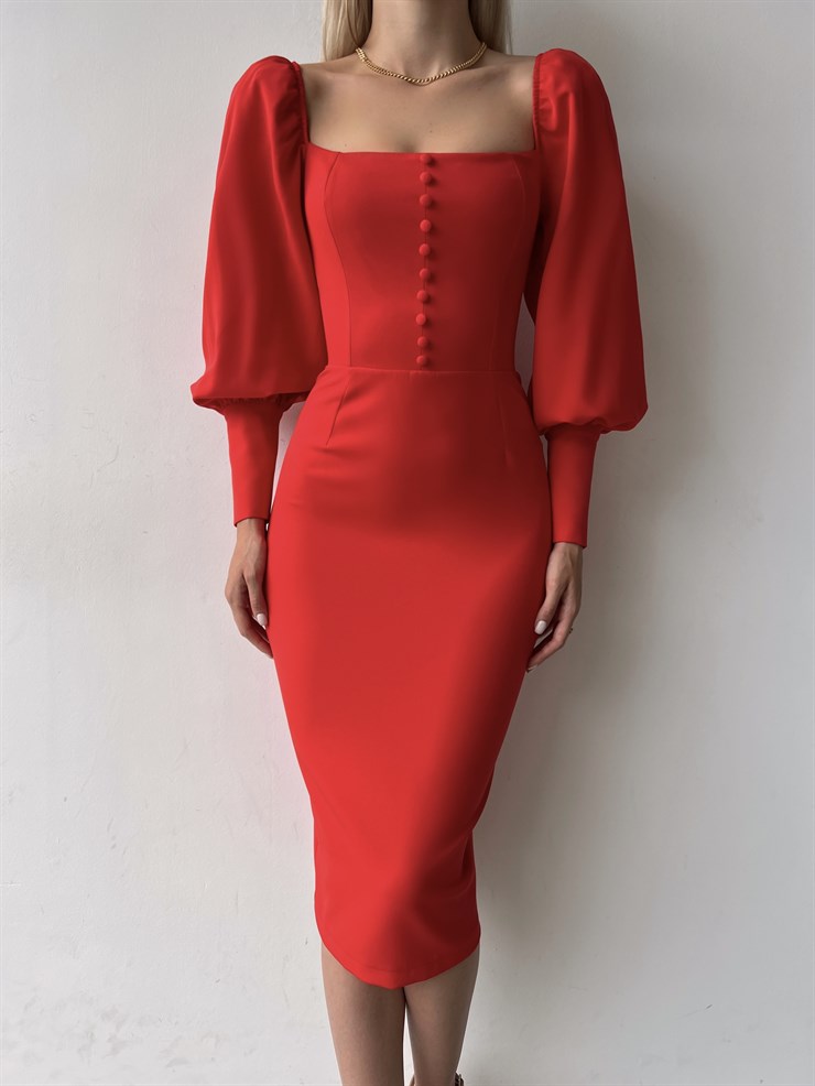 Balon Kol Düğme Detaylı Midi Boy Kadın Kırmızı Kalem Elbise 22Y000008