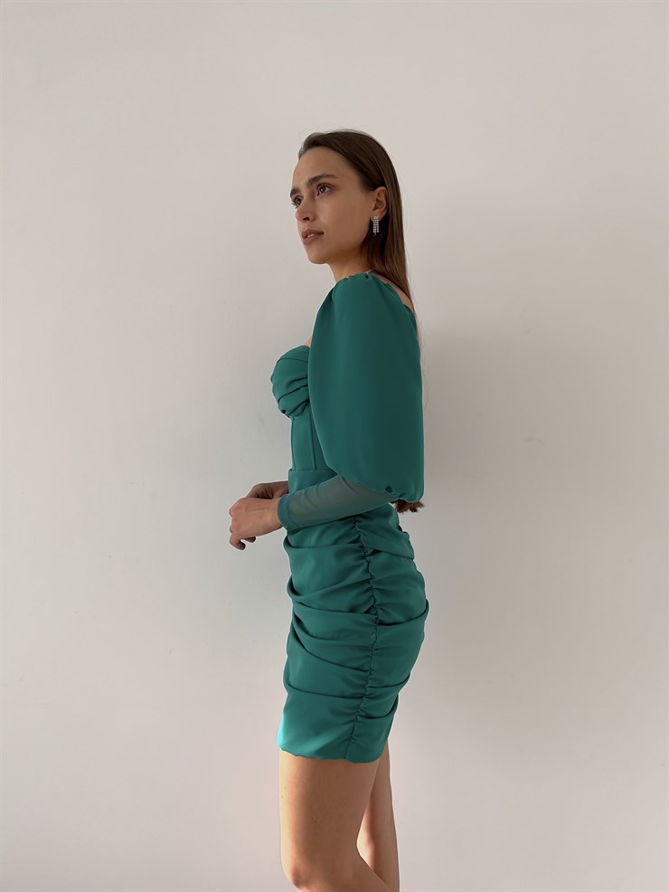 Balon Kol Eteği Drapeli Rosalina Kadın Yeşil Mini Elbise 23K000198