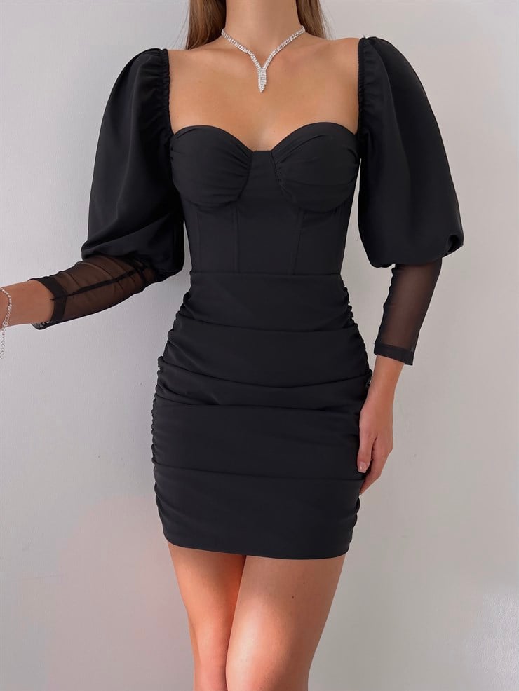 Balon Kol Eteği Drapeli Rosalina Kadın Siyah Mini Elbise 23K000198