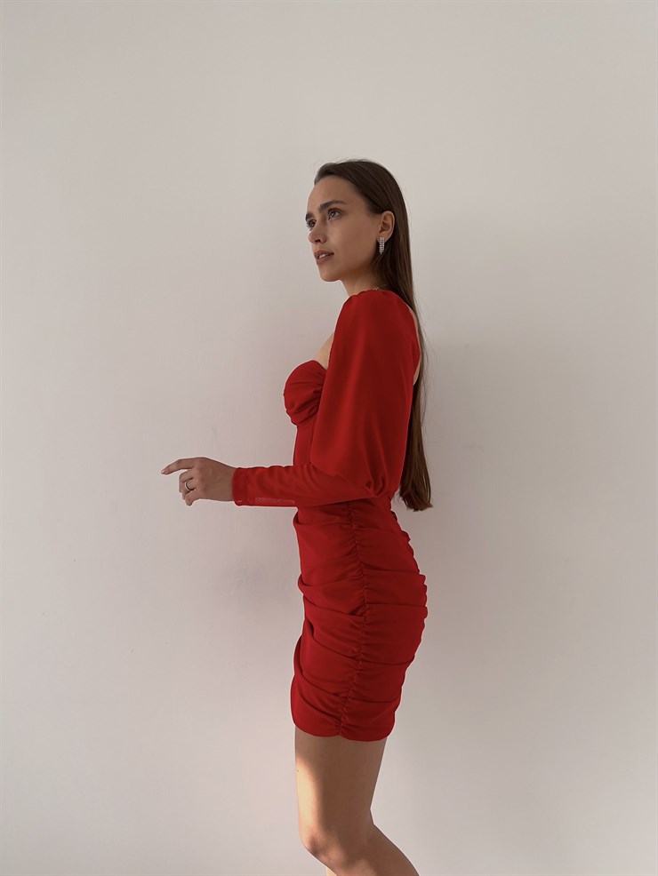 Balon Kol Eteği Drapeli Rosalina Kadın Kırmızı Mini Elbise 23K000198