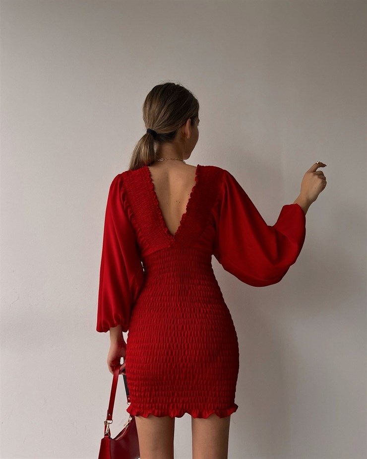 Balon Kol Ön Ve Arka V Yaka Gipeli Brisa Kadın Kırmızı Elbise 22K000449