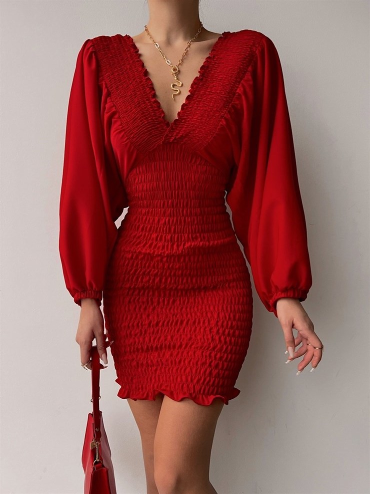 Balon Kol Ön Ve Arka V Yaka Gipeli Brisa Kadın Kırmızı Elbise 22K000449