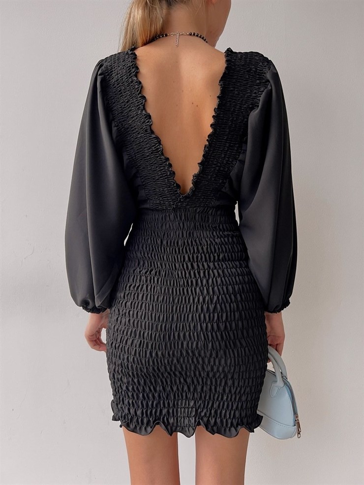 Balon Kol Ön Ve Arka V Yaka Gipeli Brisa Kadın Siyah Elbise 22K000449