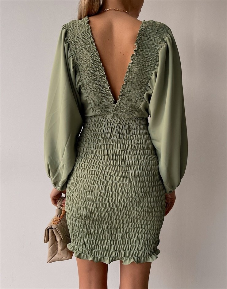 Balon Kol Ön Ve Arka V Yaka Gipeli Brisa Kadın Yeşil Elbise 22K000449