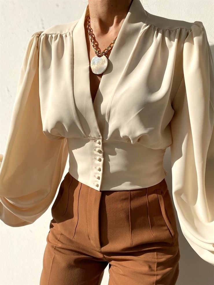 Balon Kol Önden Düğmeli V Yaka Kadın Bej Crop Bluz 21Y000527