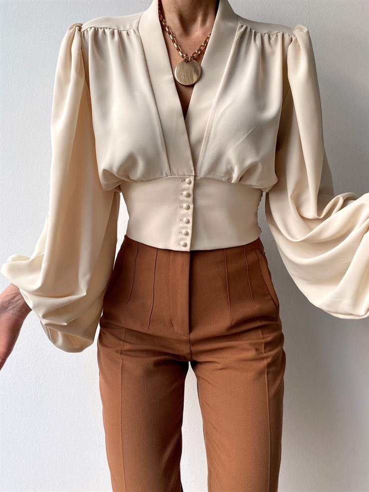 Balon Kol Önden Düğmeli V Yaka Kadın Bej Crop Bluz 21Y000527