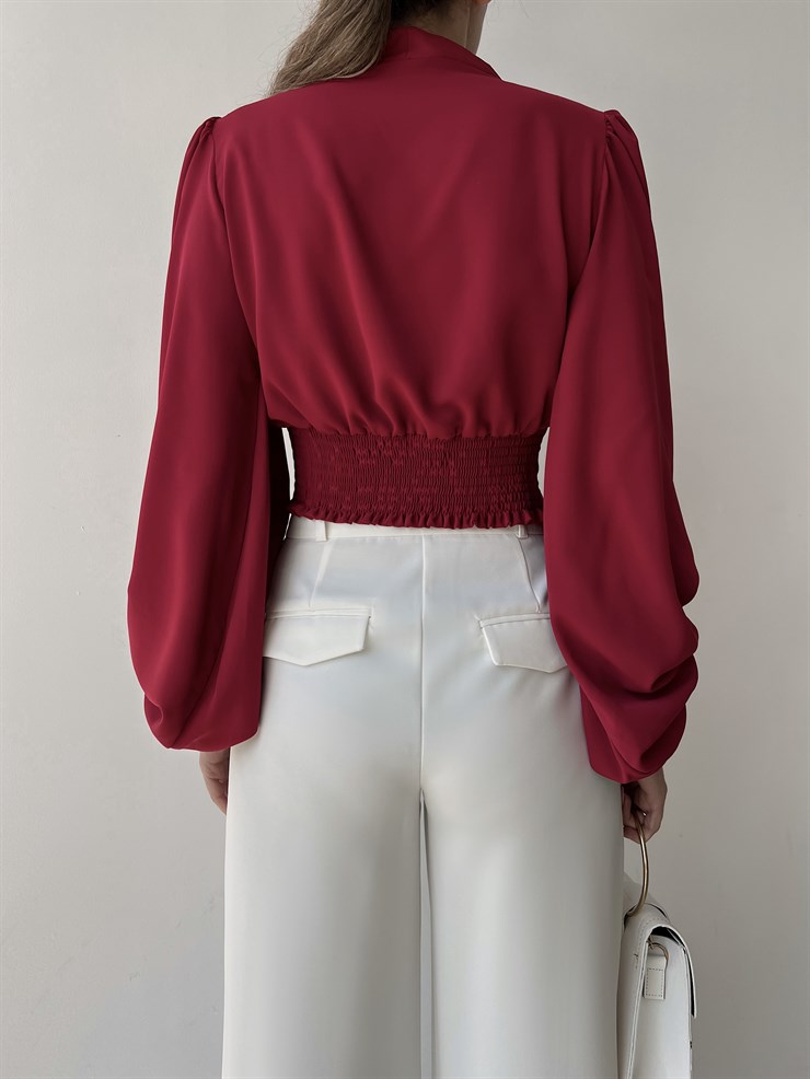 Balon Kol Önden Düğmeli V Yaka Kadın Bordo Crop Bluz 21Y000527