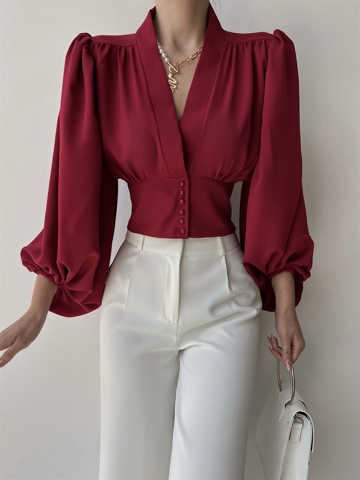 Balon Kol Önden Düğmeli V Yaka Kadın Bordo Crop Bluz 21Y000527