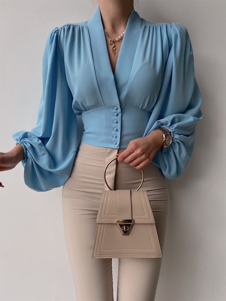 Balon Kol Önden Düğmeli V Yaka Kadın Bebe Mavi Crop Bluz 21Y000527