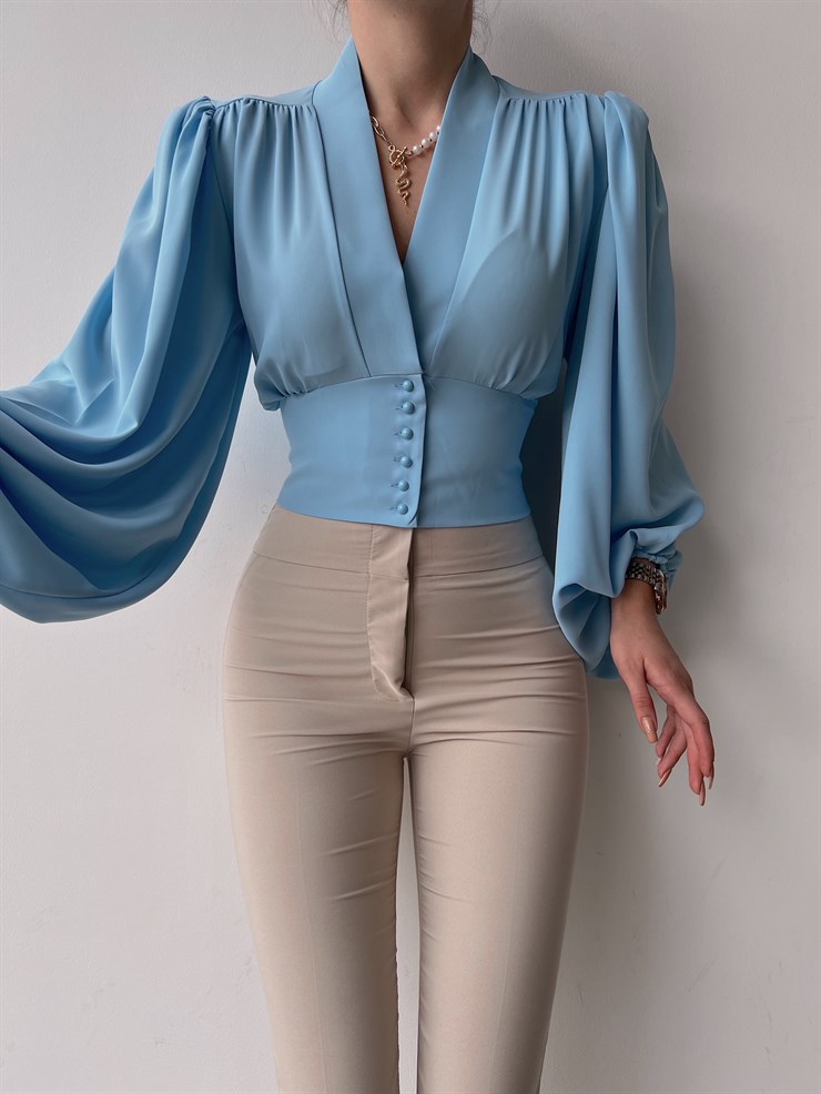 Balon Kol Önden Düğmeli V Yaka Kadın Bebe Mavi Crop Bluz 21Y000527