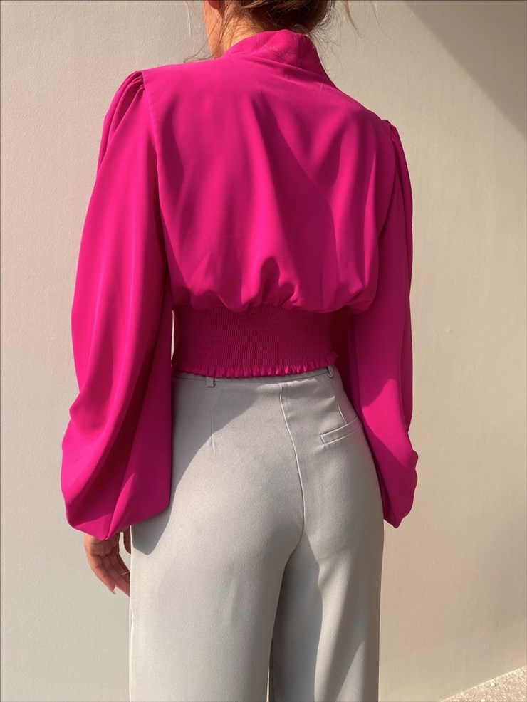 Balon Kol Önden Düğmeli V Yaka Kadın Fuşya Crop Bluz 21Y000527