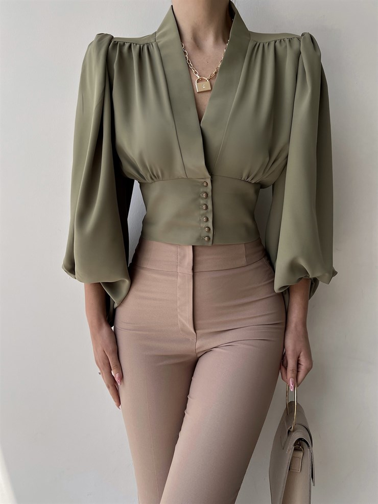 Balon Kol Önden Düğmeli V Yaka Kadın Haki Crop Bluz 21Y000527