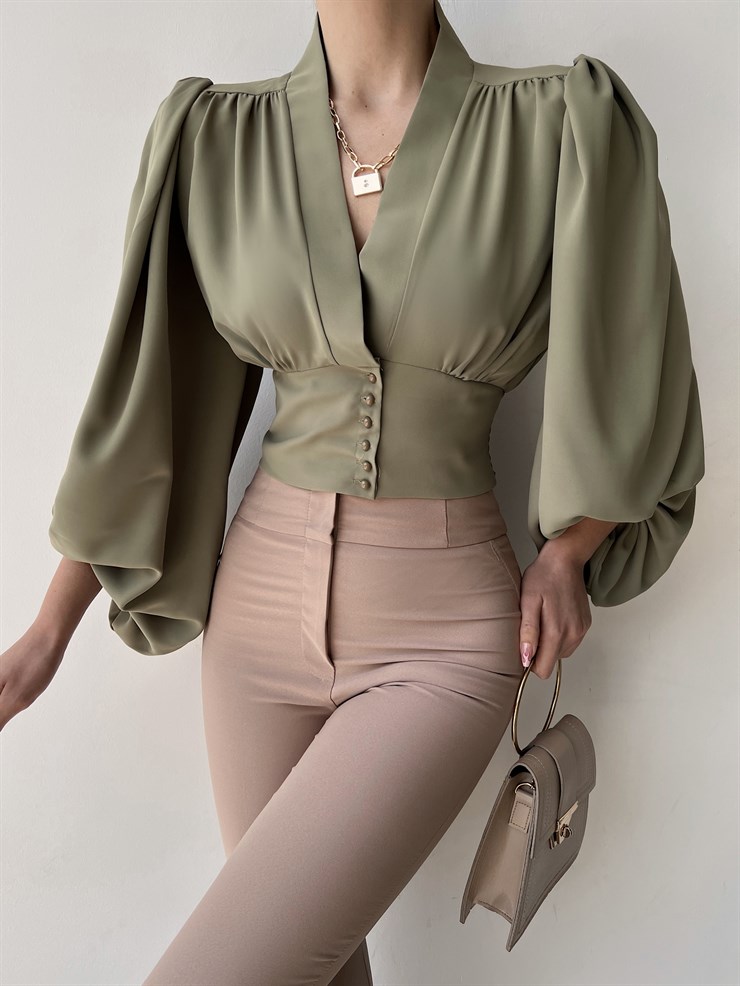 Balon Kol Önden Düğmeli V Yaka Kadın Haki Crop Bluz 21Y000527