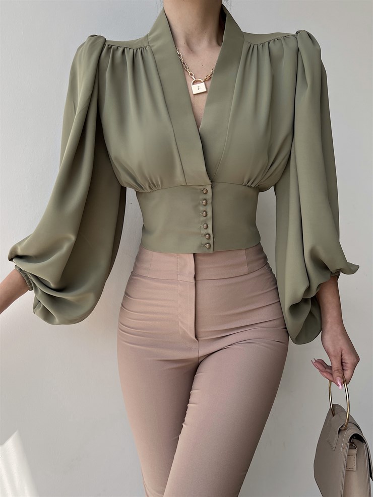 Balon Kol Önden Düğmeli V Yaka Kadın Haki Crop Bluz 21Y000527