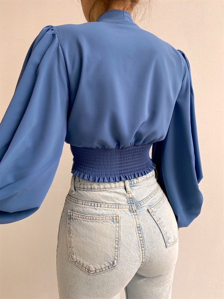 Balon Kol Önden Düğmeli V Yaka Kadın Lacivert Crop Bluz 21Y000527