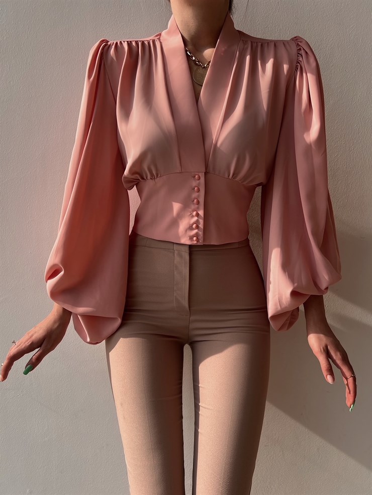 Balon Kol Önden Düğmeli V Yaka Kadın Pudra Crop Bluz 21Y000527