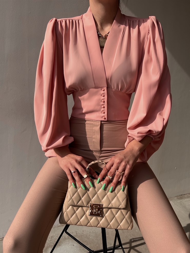 Balon Kol Önden Düğmeli V Yaka Kadın Pudra Crop Bluz 21Y000527