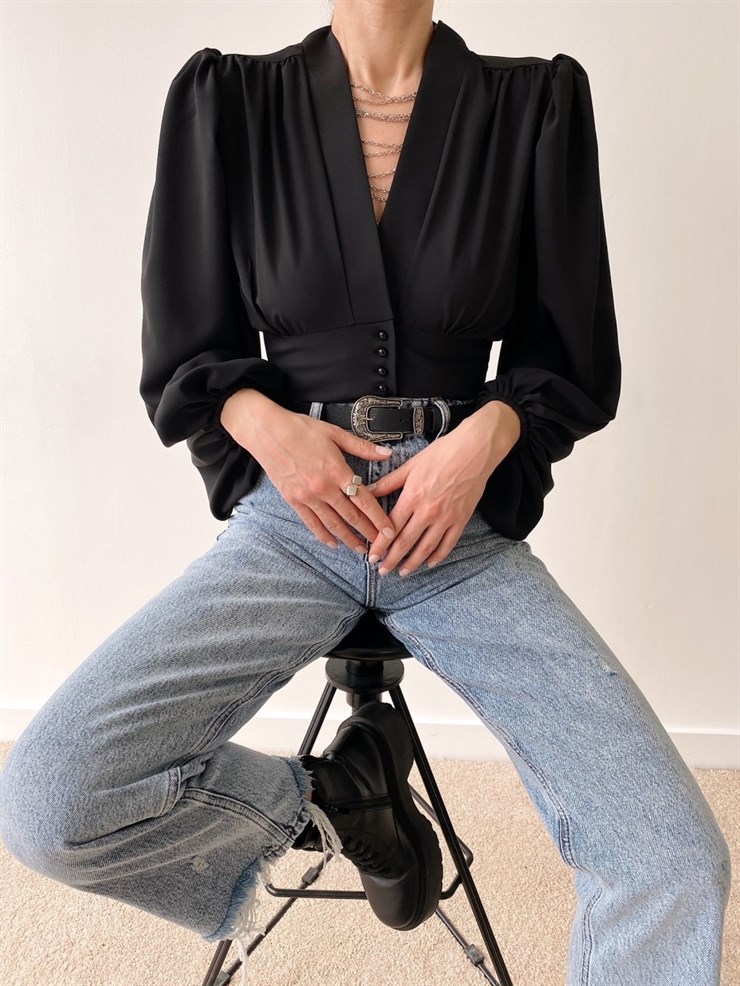 Balon Kol Önden Düğmeli V Yaka Kadın Siyah Crop Bluz 21Y000527
