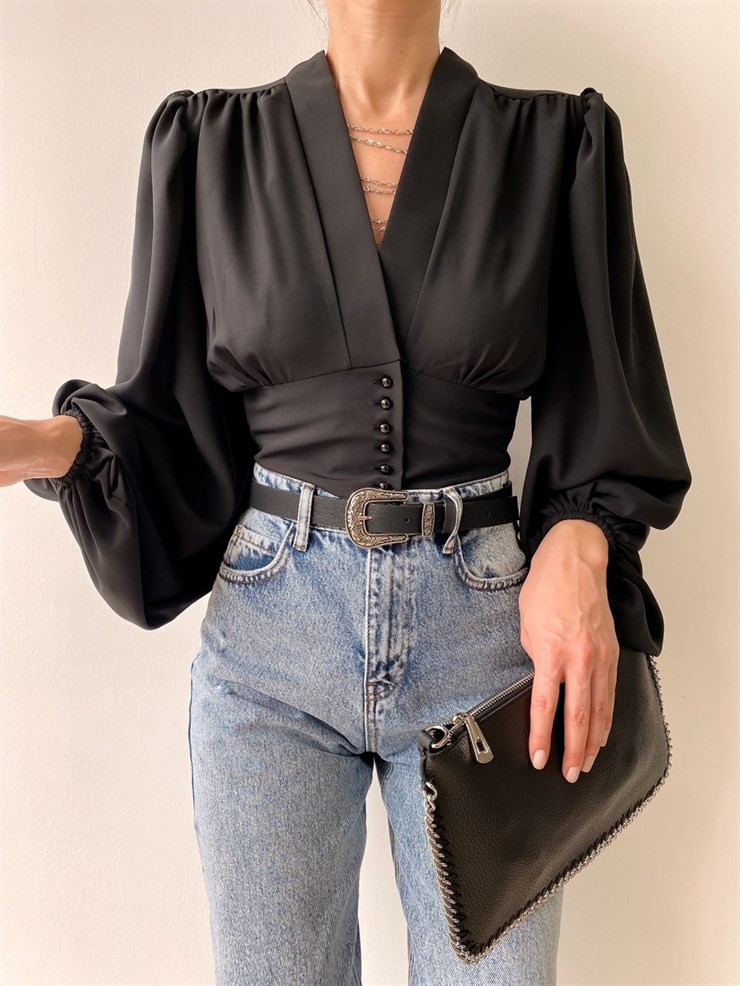 Balon Kol Önden Düğmeli V Yaka Kadın Siyah Crop Bluz 21Y000527