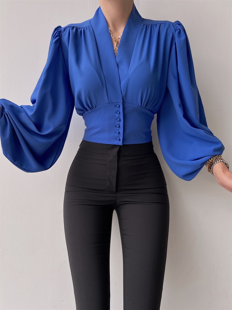 Balon Kol Önden Düğmeli V Yaka Kadın Saks Crop Bluz 21Y000527