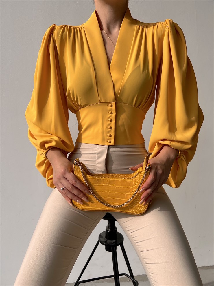 Balon Kol Önden Düğmeli V Yaka Kadın Sarı Crop Bluz 21Y000527