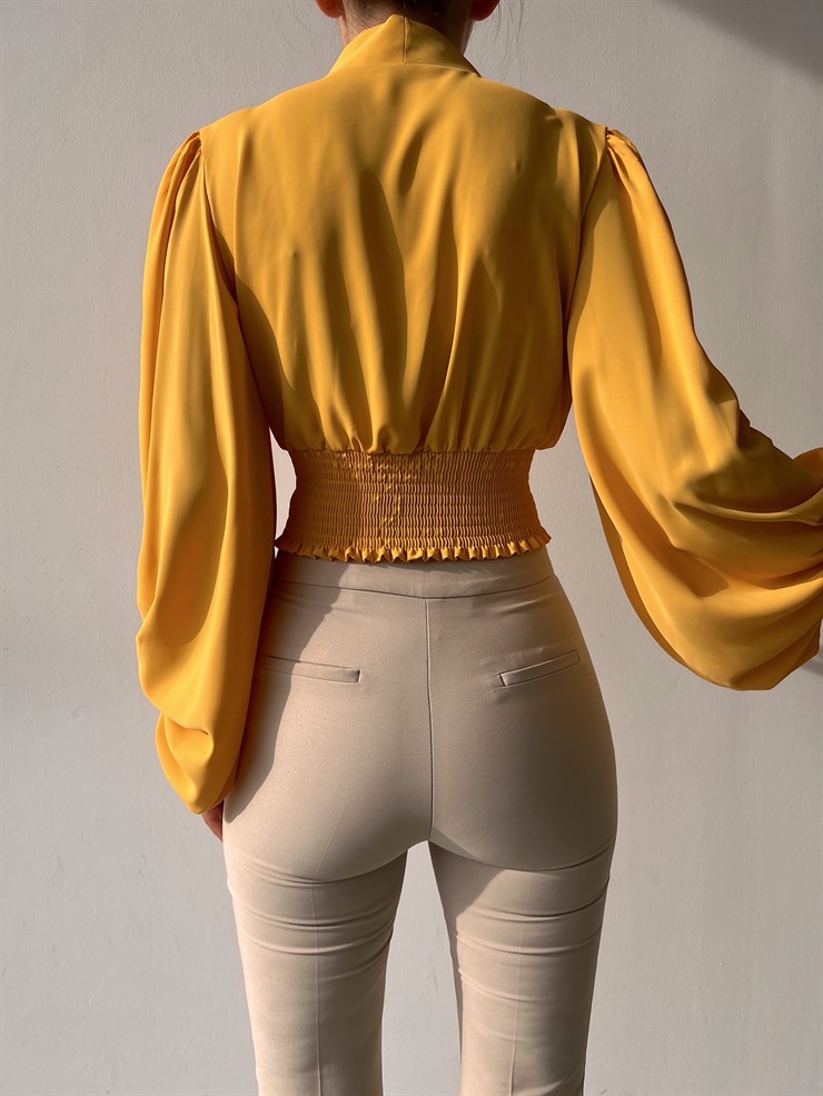 Balon Kol Önden Düğmeli V Yaka Kadın Sarı Crop Bluz 21Y000527