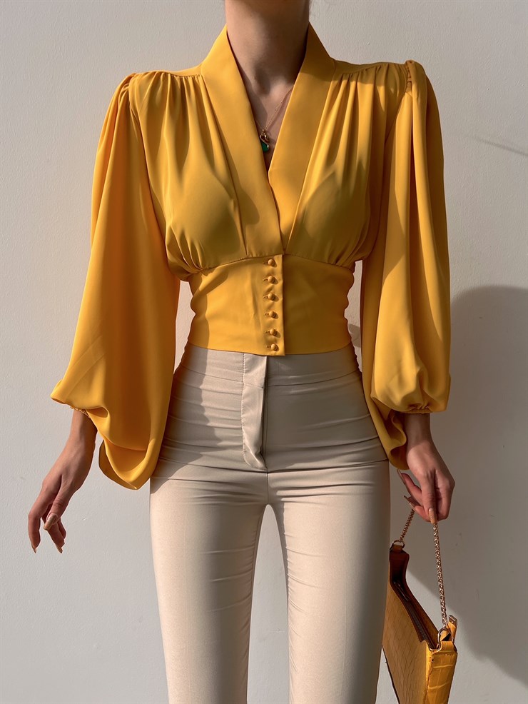 Balon Kol Önden Düğmeli V Yaka Kadın Sarı Crop Bluz 21Y000527