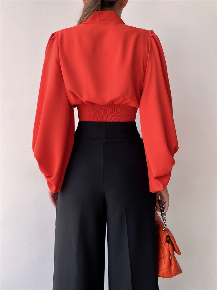 Balon Kol Önden Düğmeli V Yaka Kadın Turuncu Crop Bluz 21Y000527