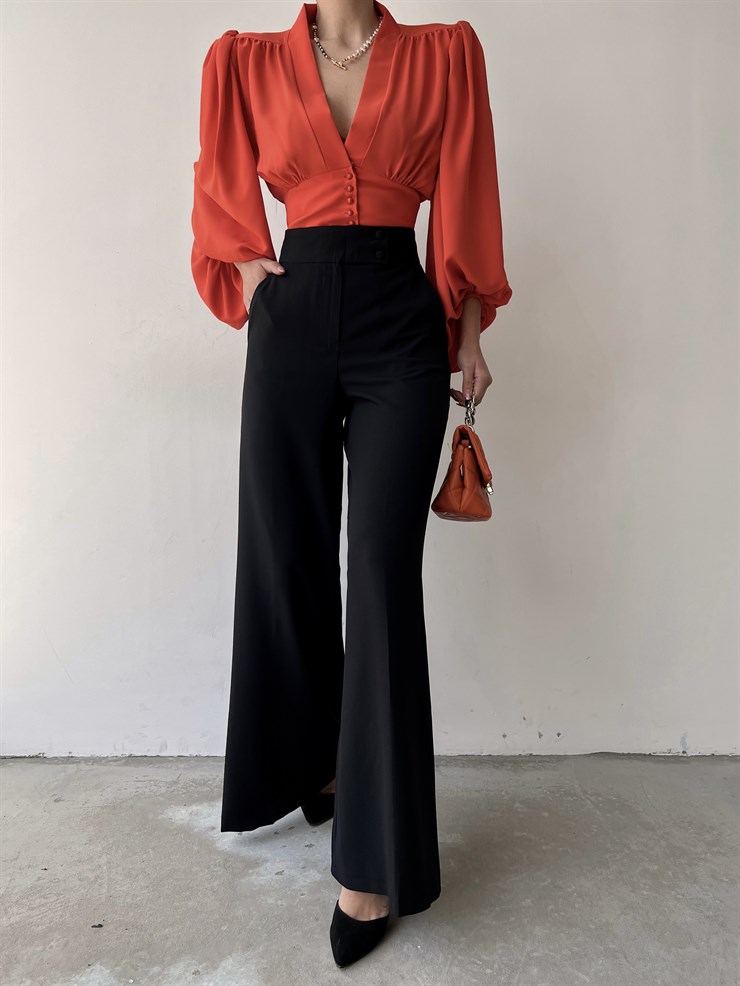 Balon Kol Önden Düğmeli V Yaka Kadın Turuncu Crop Bluz 21Y000527