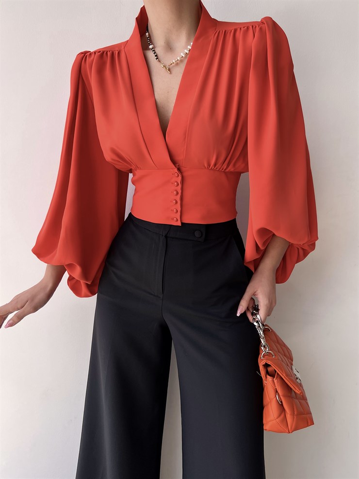 Balon Kol Önden Düğmeli V Yaka Kadın Turuncu Crop Bluz 21Y000527