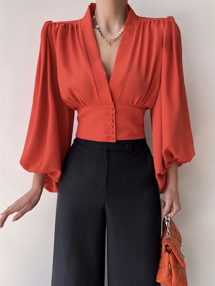 Balon Kol Önden Düğmeli V Yaka Kadın Turuncu Crop Bluz 21Y000527