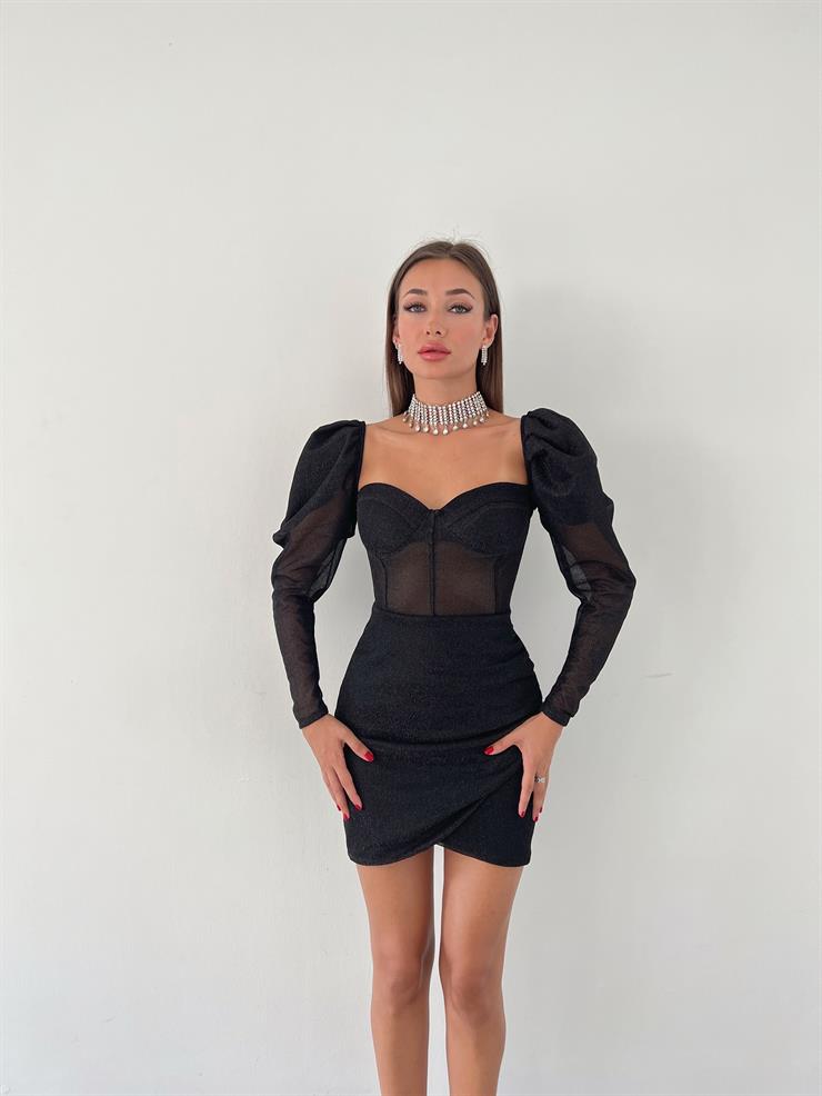 Balon Tül Kol Korse Görünümlü Eteği Kruvaze Jennie Kadın Siyah Mini Elbise 23K000468