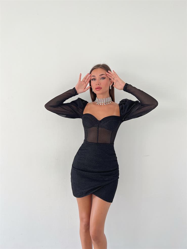 Balon Tül Kol Korse Görünümlü Eteği Kruvaze Jennie Kadın Siyah Mini Elbise 23K000468
