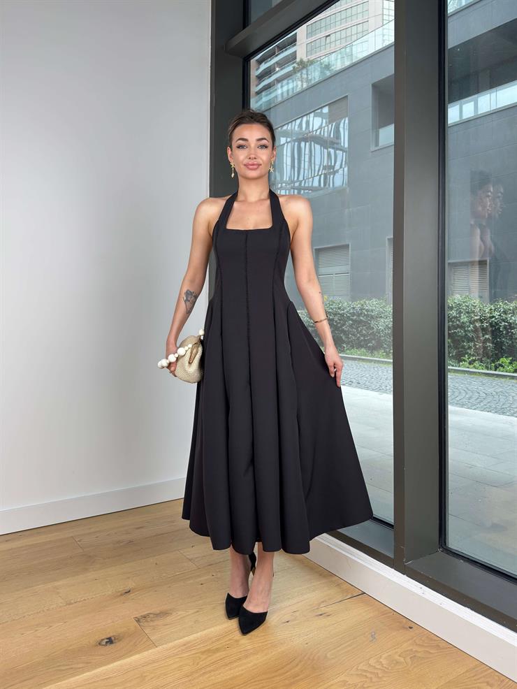 Boyundan Bağlamalı Bany Siyah Kadın Elbise 25Y128