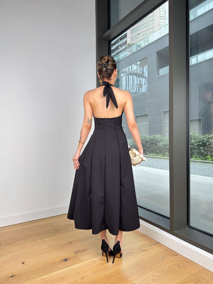 Boyundan Bağlamalı Bany Siyah Kadın Elbise 25Y128