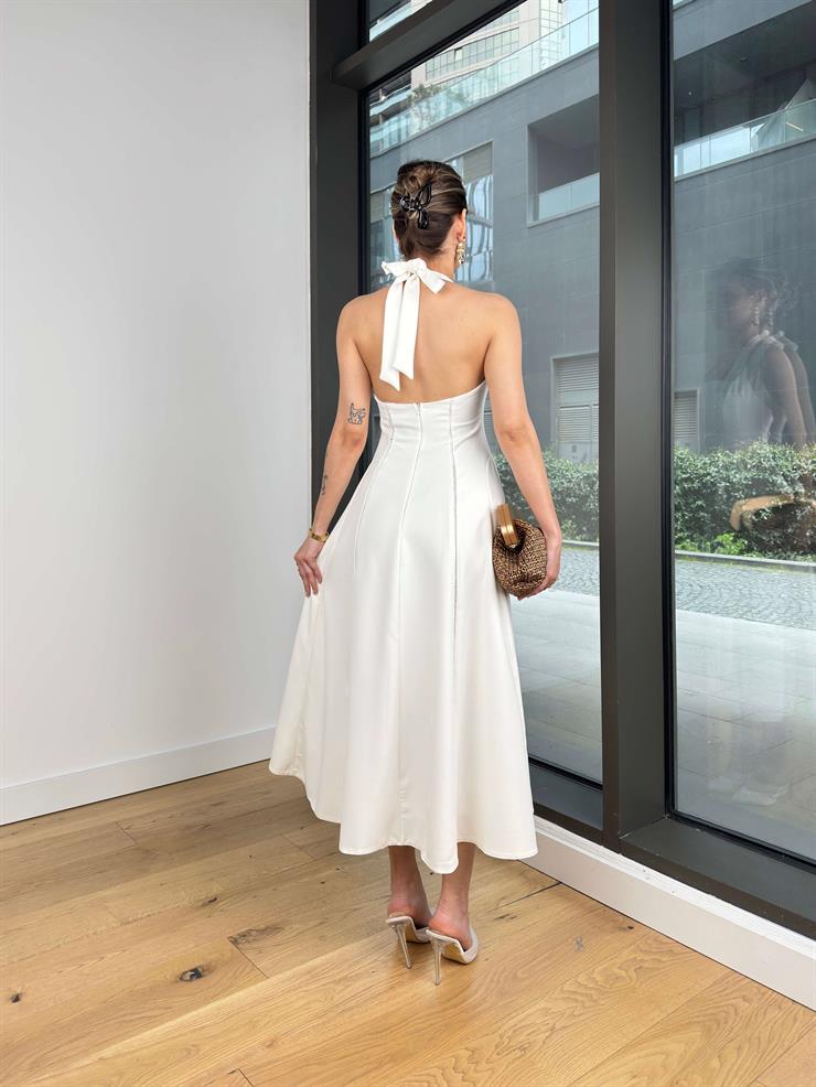 Boyundan Bağlamalı Bany Beyaz Kadın Elbise 25Y128