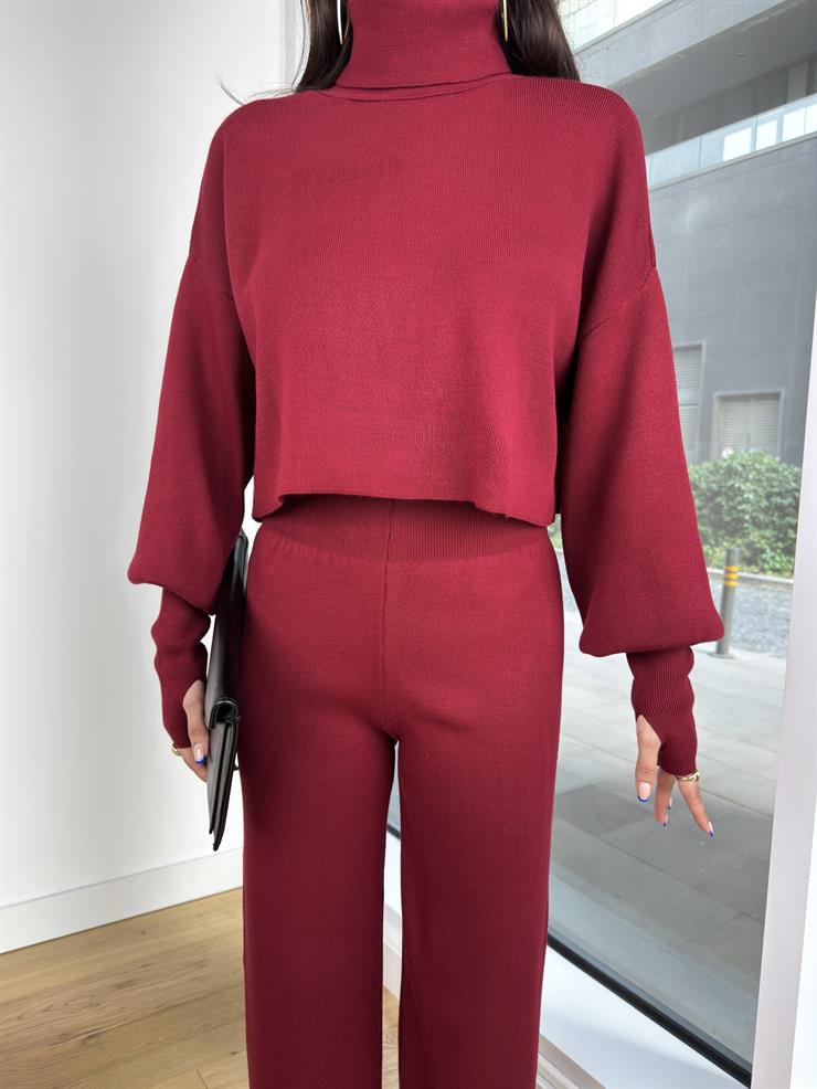 Balıkçı Yaka Crop Geniş Paça Pantolon Barbara Kadın Bordo Triko Takım 24k255
