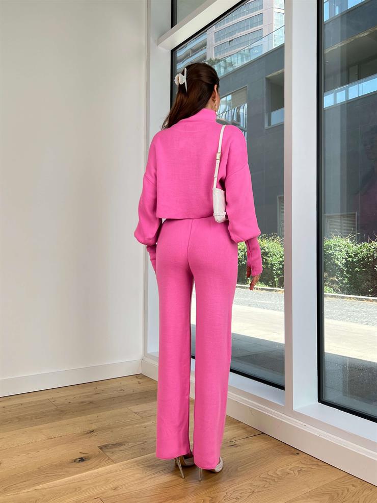 Balıkçı Yaka Crop Geniş Paça Pantolon Barbara Kadın Pembe Triko Takım 24k255
