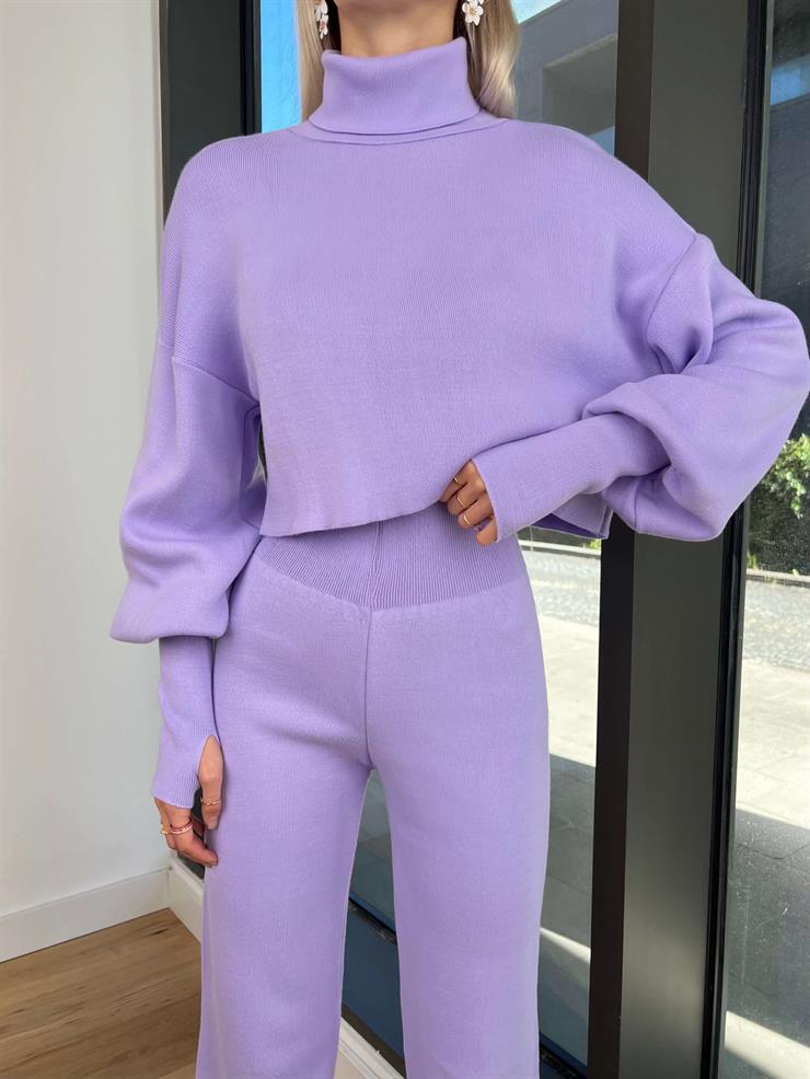 Balıkçı Yaka Crop Geniş Paça Pantolon Barbara Kadın Lila Triko Takım 24k255