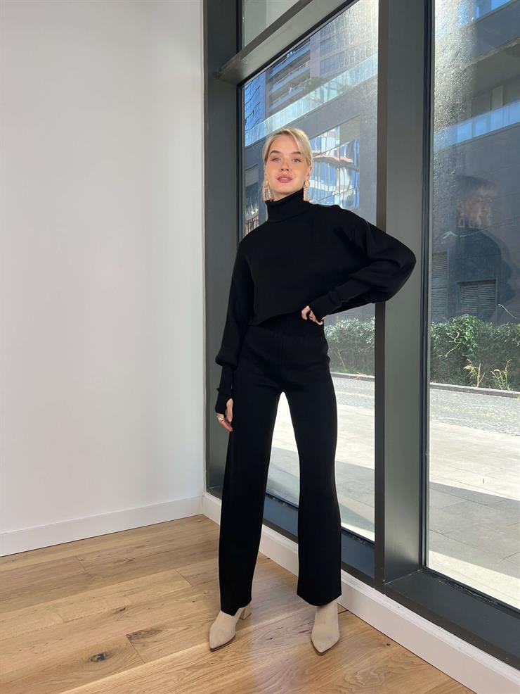 Balıkçı Yaka Crop Geniş Paça Pantolon Barbara Kadın Siyah Triko Takım 24k255