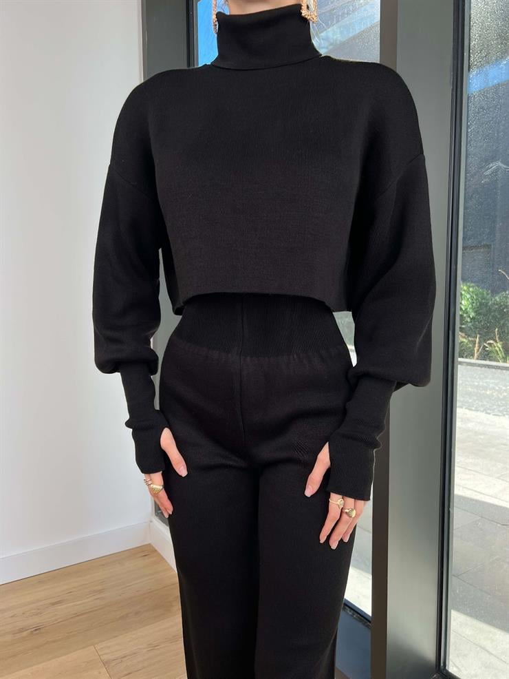 Balıkçı Yaka Crop Geniş Paça Pantolon Barbara Kadın Siyah Triko Takım 24k255