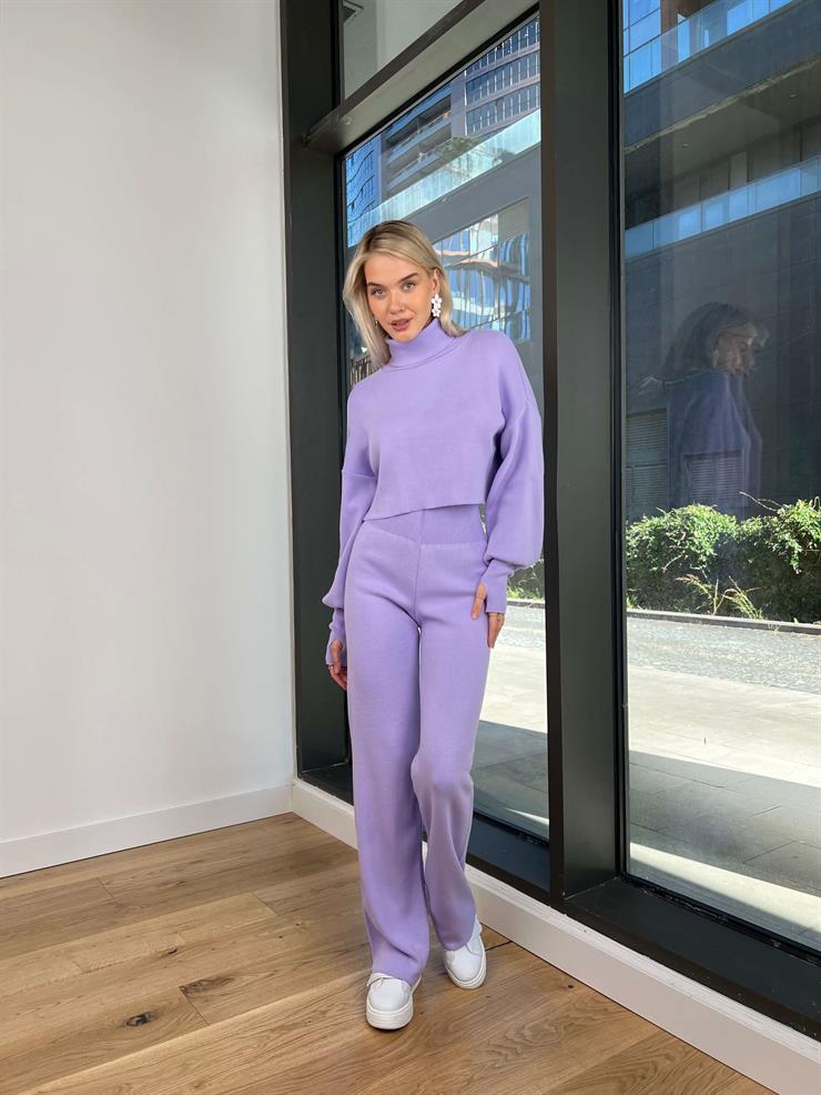 Balıkçı Yaka Crop Geniş Paça Pantolon Barbara Kadın Lila Triko Takım 24k255