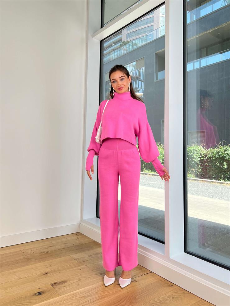 Balıkçı Yaka Crop Geniş Paça Pantolon Barbara Kadın Pembe Triko Takım 24k255