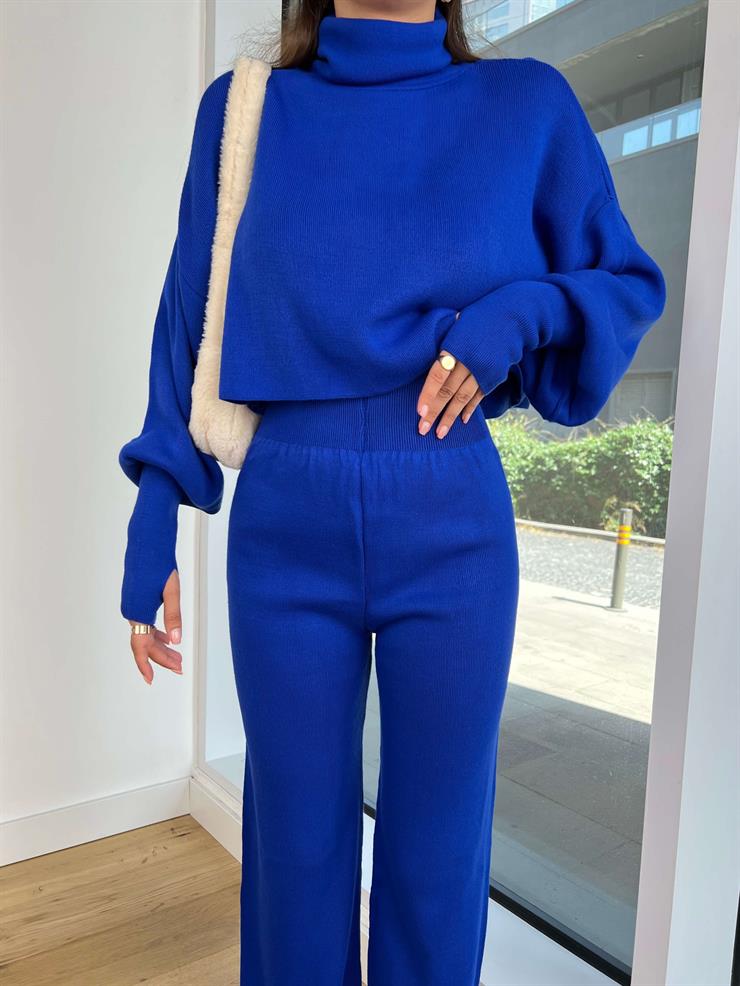 Balıkçı Yaka Crop Geniş Paça Pantolon Barbara Kadın Saks Triko Takım 24k255