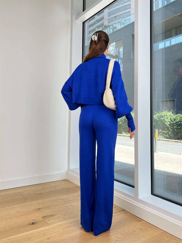 Balıkçı Yaka Crop Geniş Paça Pantolon Barbara Kadın Saks Triko Takım 24k255